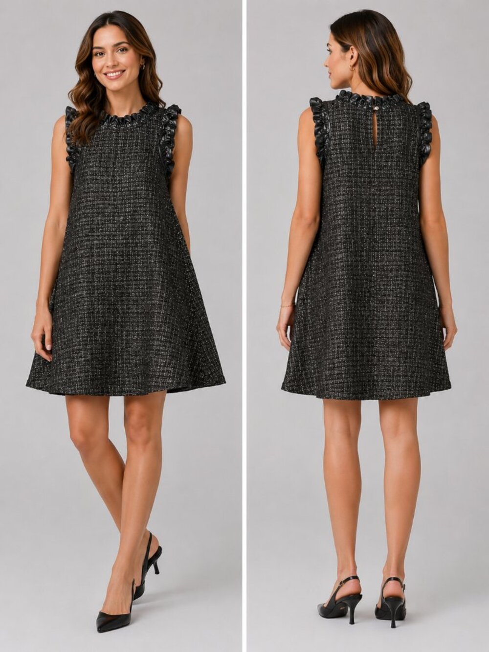 SSYS Black Sparkle Tweed Leather Ruffle Dress L